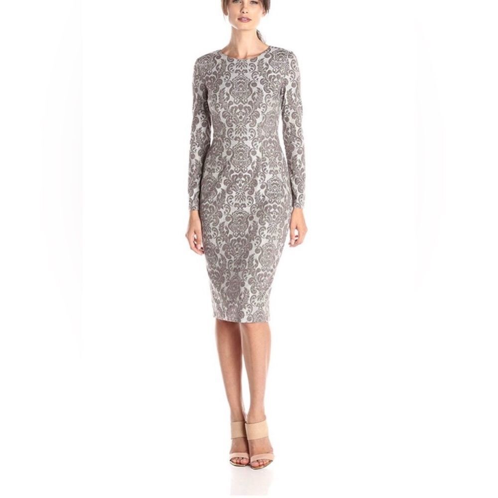Maggy London 10 Tan Brown Brocade Pattern Knit Long Sleeve Back Zip Dress